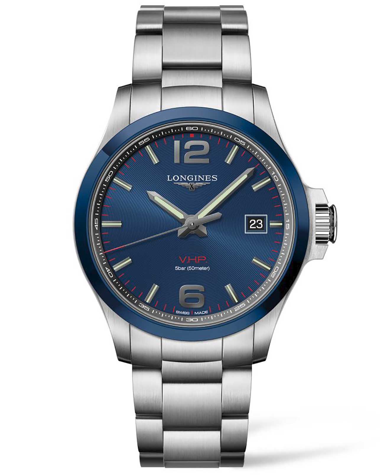 Longines  Longines Conquest V.H.P. L3.729.4.96.6  L37294966 кварцевые мужские часы синий циферблат, браслет нержавеющая сталь — вид спереди